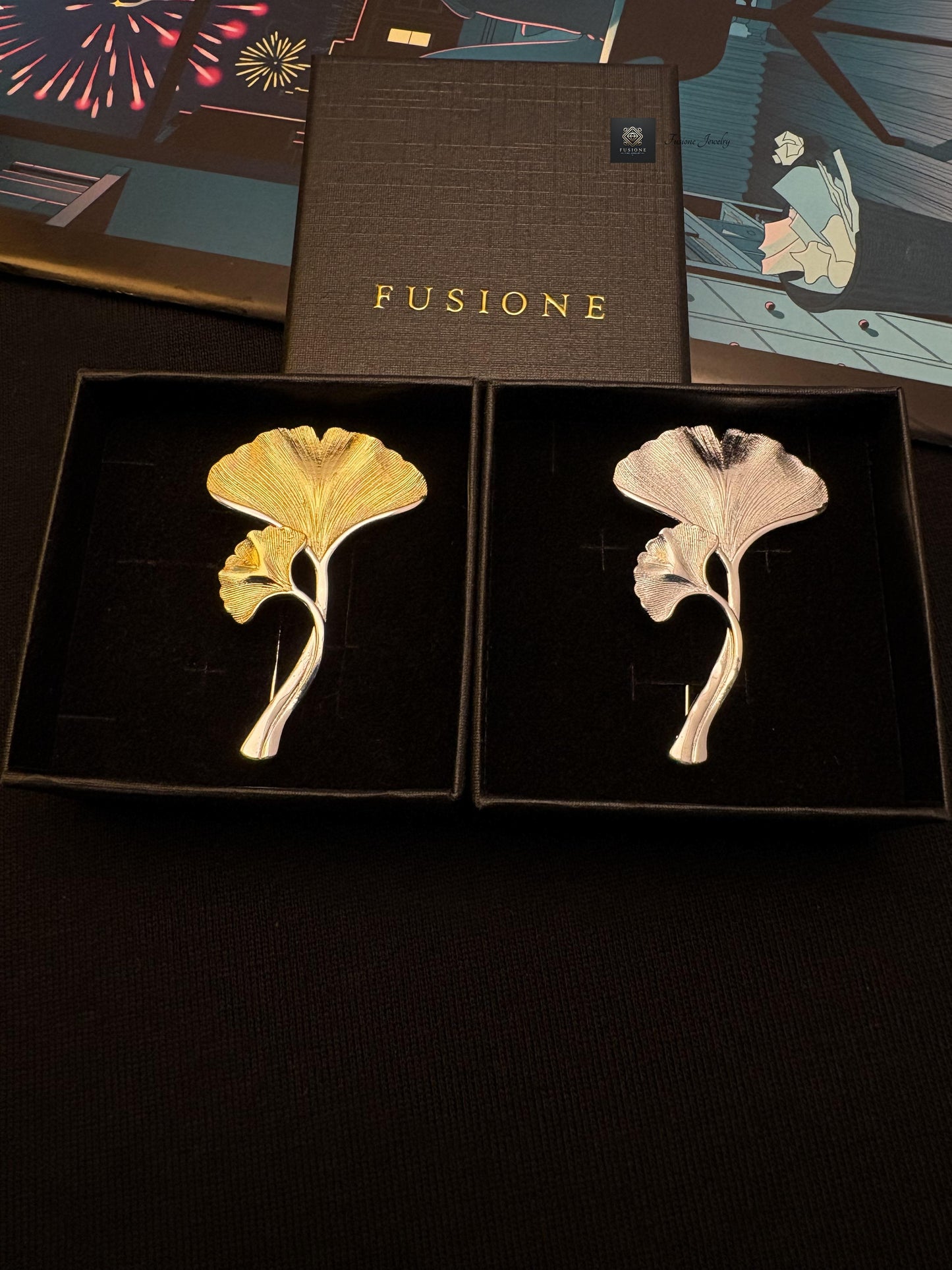 Gold/Silver ginkgo brooch pendant
