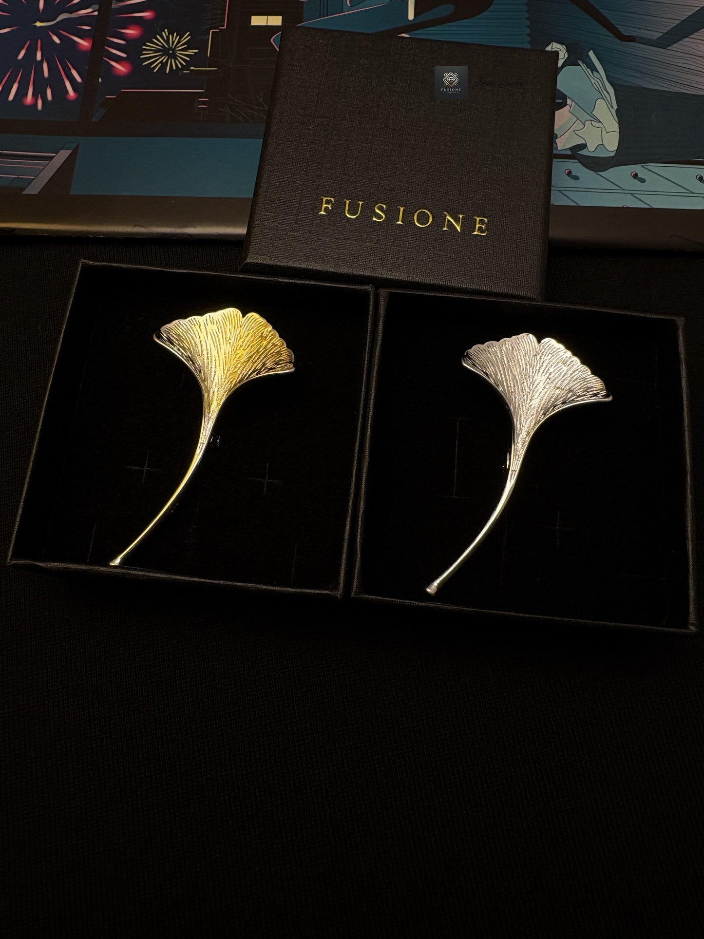 Gold/Silver ginkgo brooch pendant