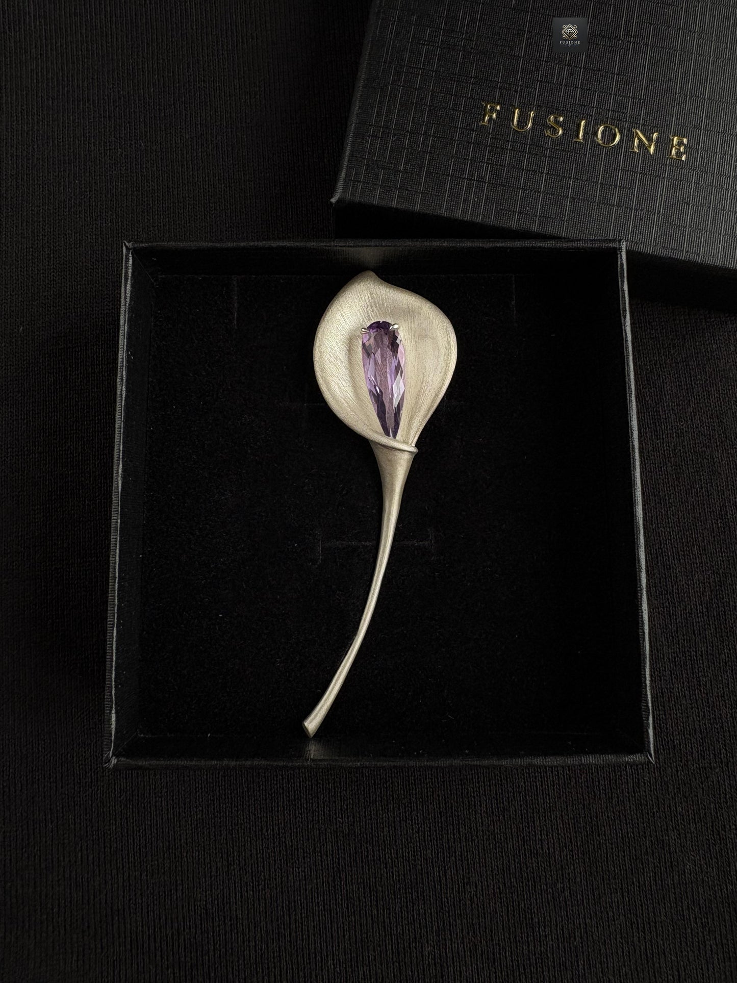 S925 Silver Natural China Amethyst / Smoky Quartz Calla Brooch Pendant