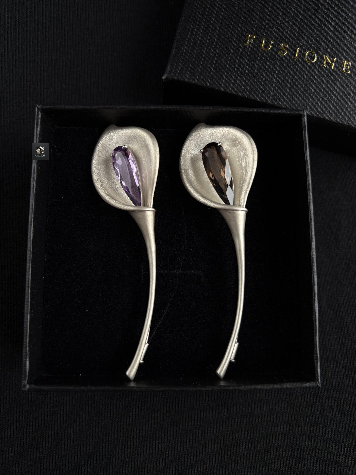 S925 Silver Natural China Amethyst / Smoky Quartz Calla Brooch Pendant