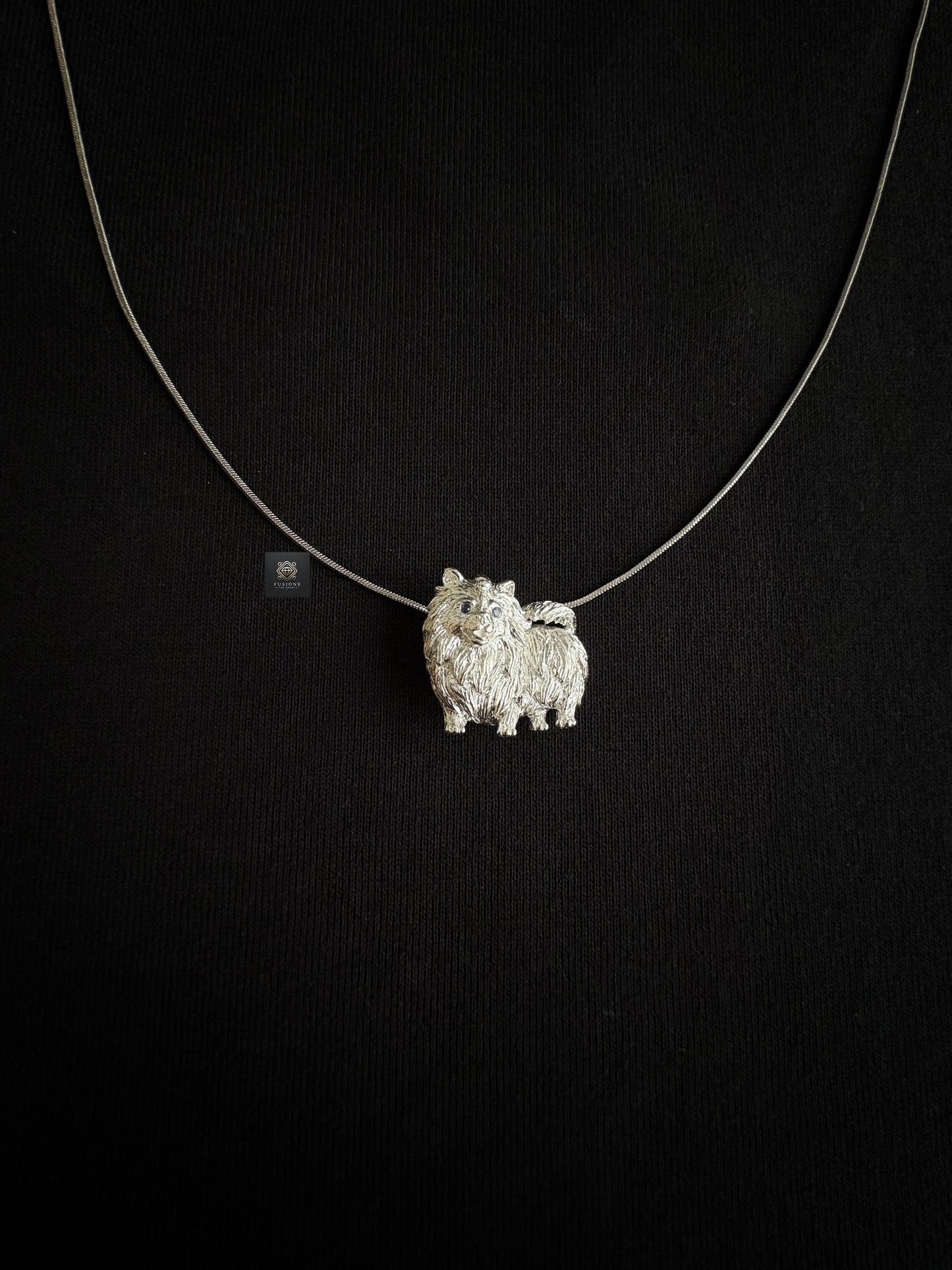 S925 Silver Sri Lankan Sapphire Pomeranian Dog Pet Brooch Pendant