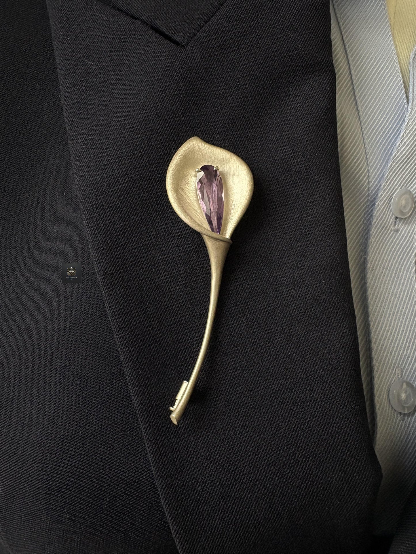 S925 Silver Natural China Amethyst / Smoky Quartz Calla Brooch Pendant