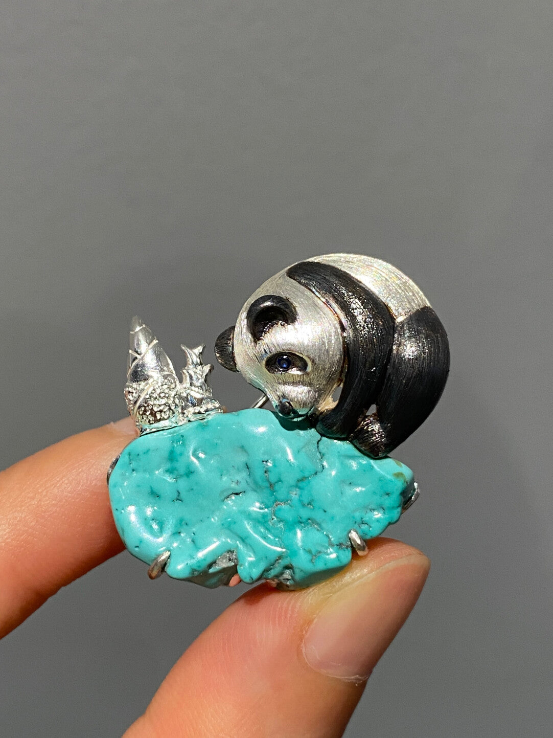 S925 Silver Natural Turquoise Sri Lankan Sapphire Panda Brooch, Pendant.a one-of-a-kind piece in the world