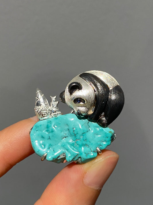 S925 Silver Natural Turquoise Sri Lankan Sapphire Panda Brooch, Pendant.a one-of-a-kind piece in the world