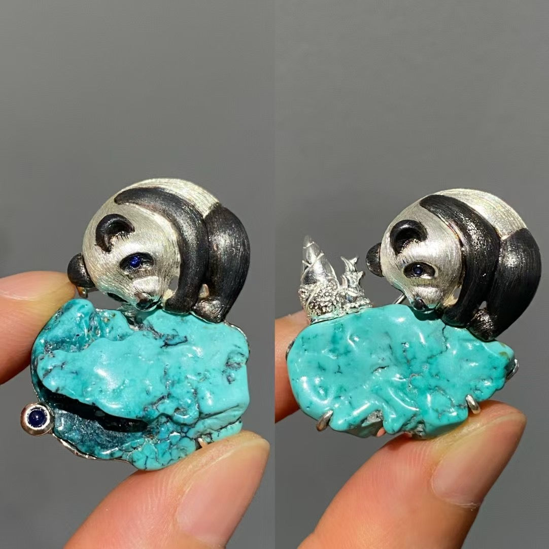 S925 Silver Natural Turquoise Sri Lankan Sapphire Panda Brooch, Pendant.a one-of-a-kind piece in the world