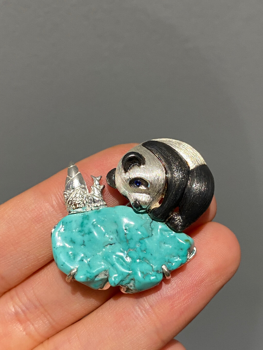 S925 Silver Natural Turquoise Sri Lankan Sapphire Panda Brooch, Pendant.a one-of-a-kind piece in the world
