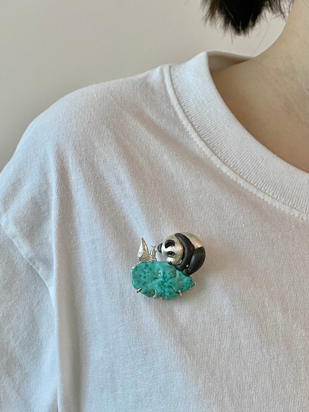 S925 Silver Natural Turquoise Sri Lankan Sapphire Panda Brooch, Pendant.a one-of-a-kind piece in the world
