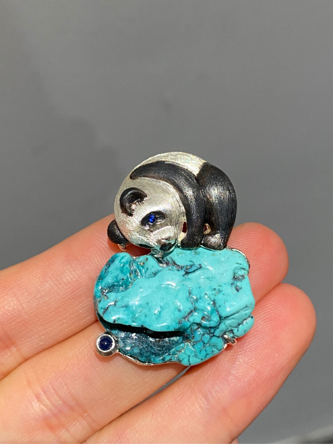 S925 Silver Natural Turquoise Sri Lankan Sapphire Panda Brooch, Pendant.a one-of-a-kind piece in the world