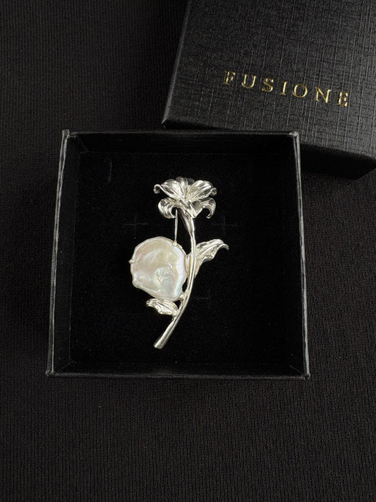 S925 Silver White Baroque Pearl Lily Flower Brooch, Pendant