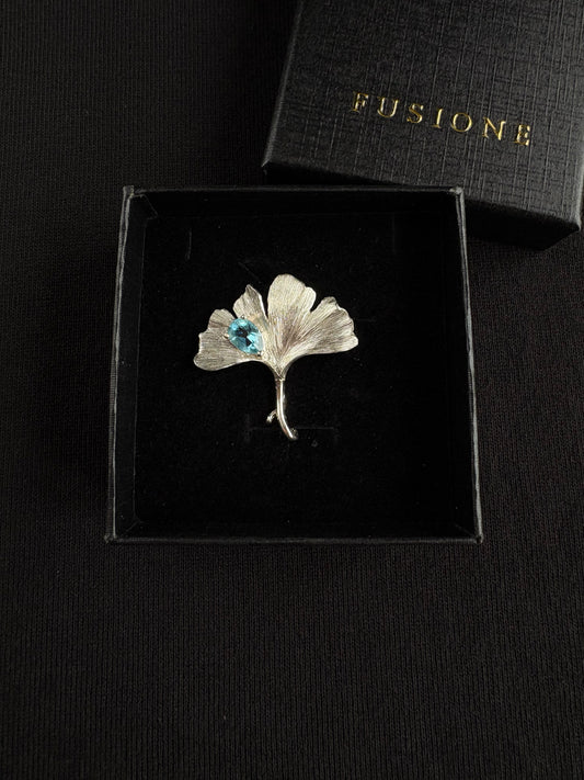 S925 Silver Natural London Blue Topaz Ginkgo  Brooch Pendant