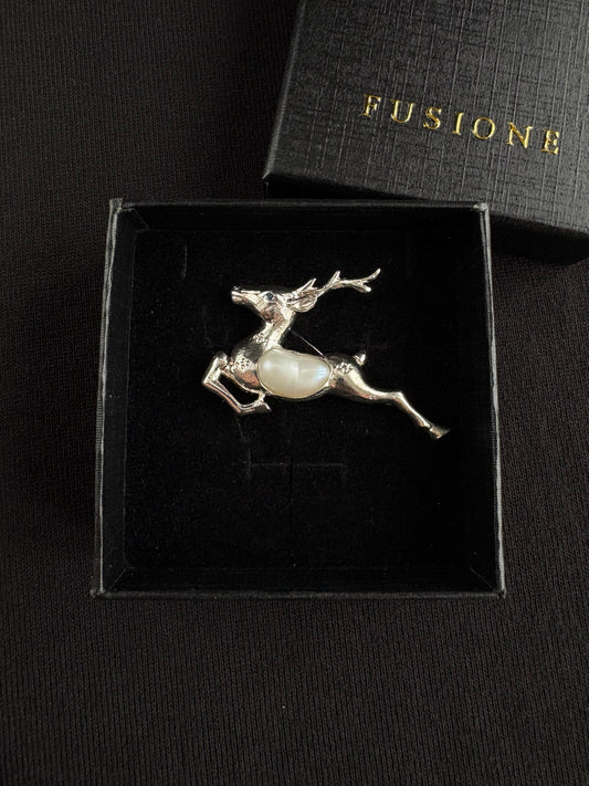 S925 Silver White Baroque Pearl Sri Lankan Sapphire Reindeer Deer Brooch, Pendant