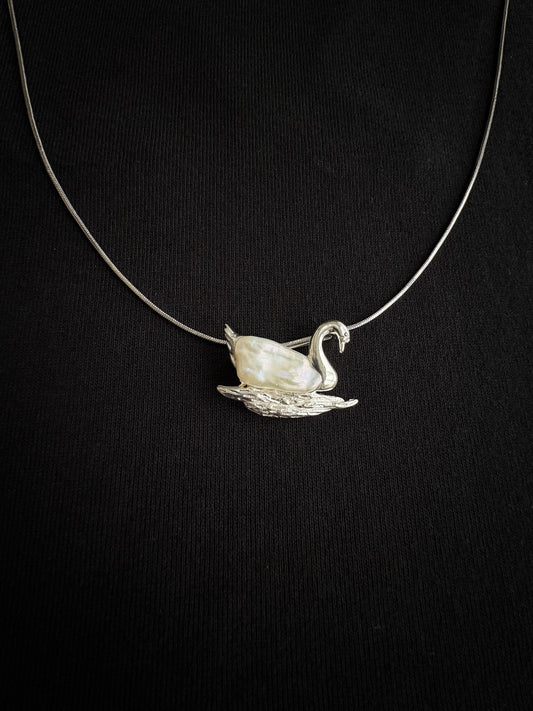 S925 Silver White Baroque Pearl Sri Lankan Sapphire Swan Brooch, Pendant