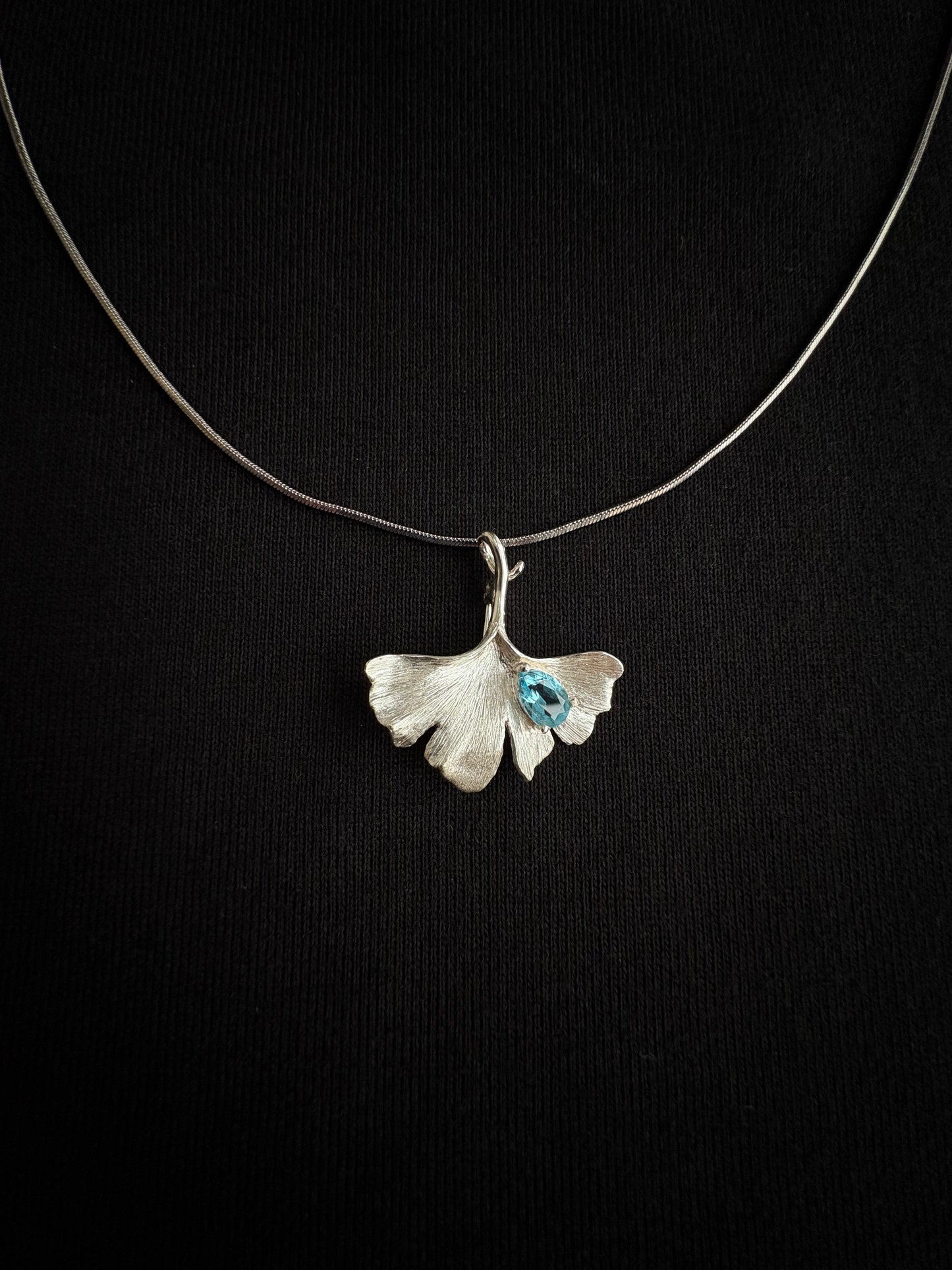 S925 Silver Natural London Blue Topaz Ginkgo  Brooch Pendant