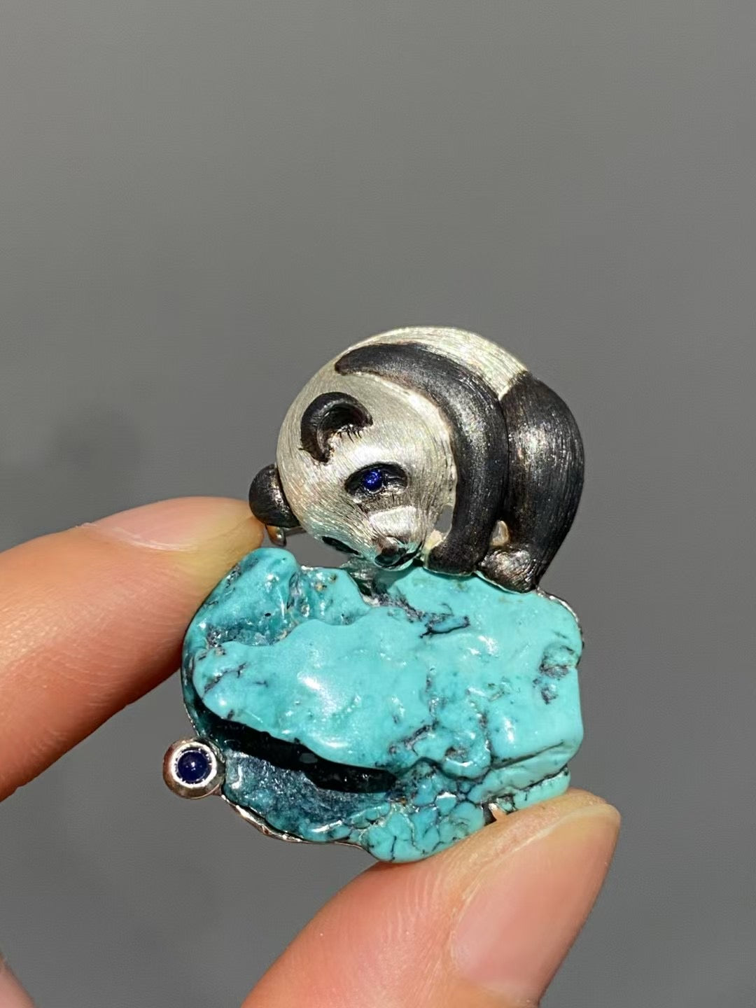 S925 Silver Natural Turquoise Sri Lankan Sapphire Panda Brooch, Pendant.a one-of-a-kind piece in the world