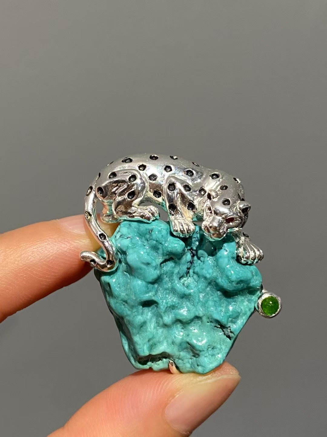 S925 Silver Natural Turquoise Mozambique Ruby Leopard Brooch, Pendant.a one-of-a-kind piece in the world