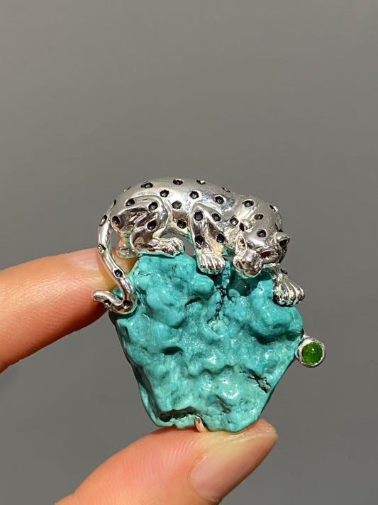 S925 Silver Natural Turquoise Mozambique Ruby Leopard Brooch, Pendant.a one-of-a-kind piece in the world