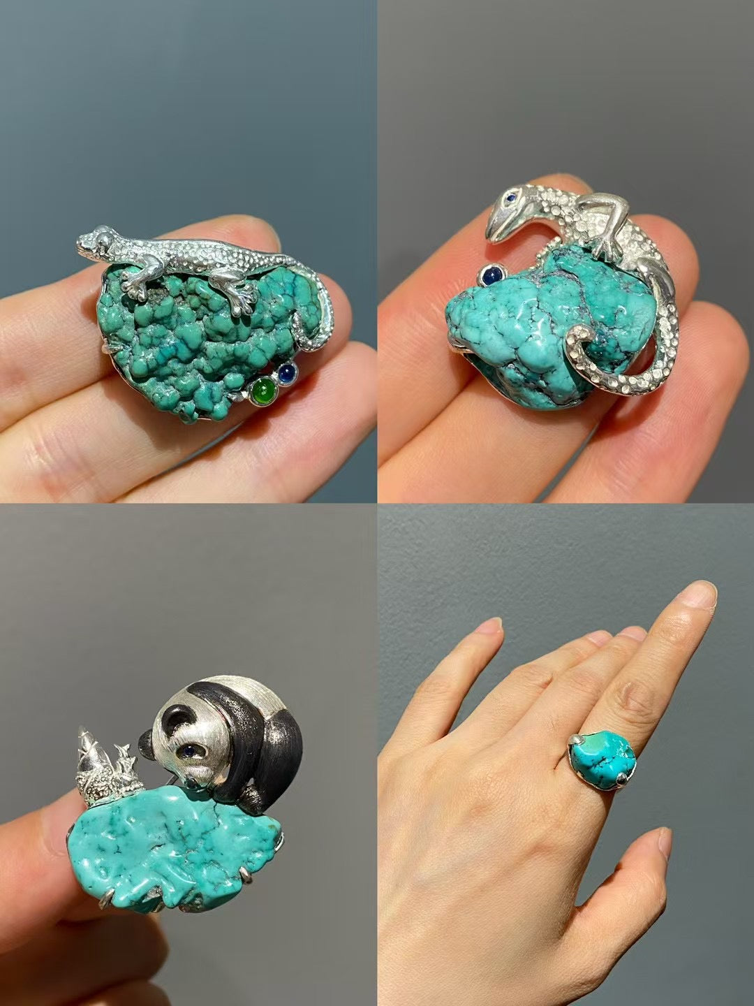 S925 Silver Natural Turquoise Sri Lankan Sapphire Panda Brooch, Pendant.a one-of-a-kind piece in the world