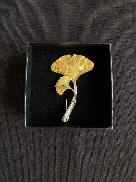 Pure Silver plated gold ginkgo brooch pendant