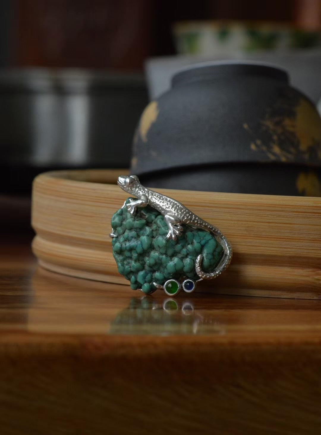 S925 Silver Natural Turquoise Sri Lankan Sapphire Lizard Brooch, Pendant.a one-of-a-kind piece in the world