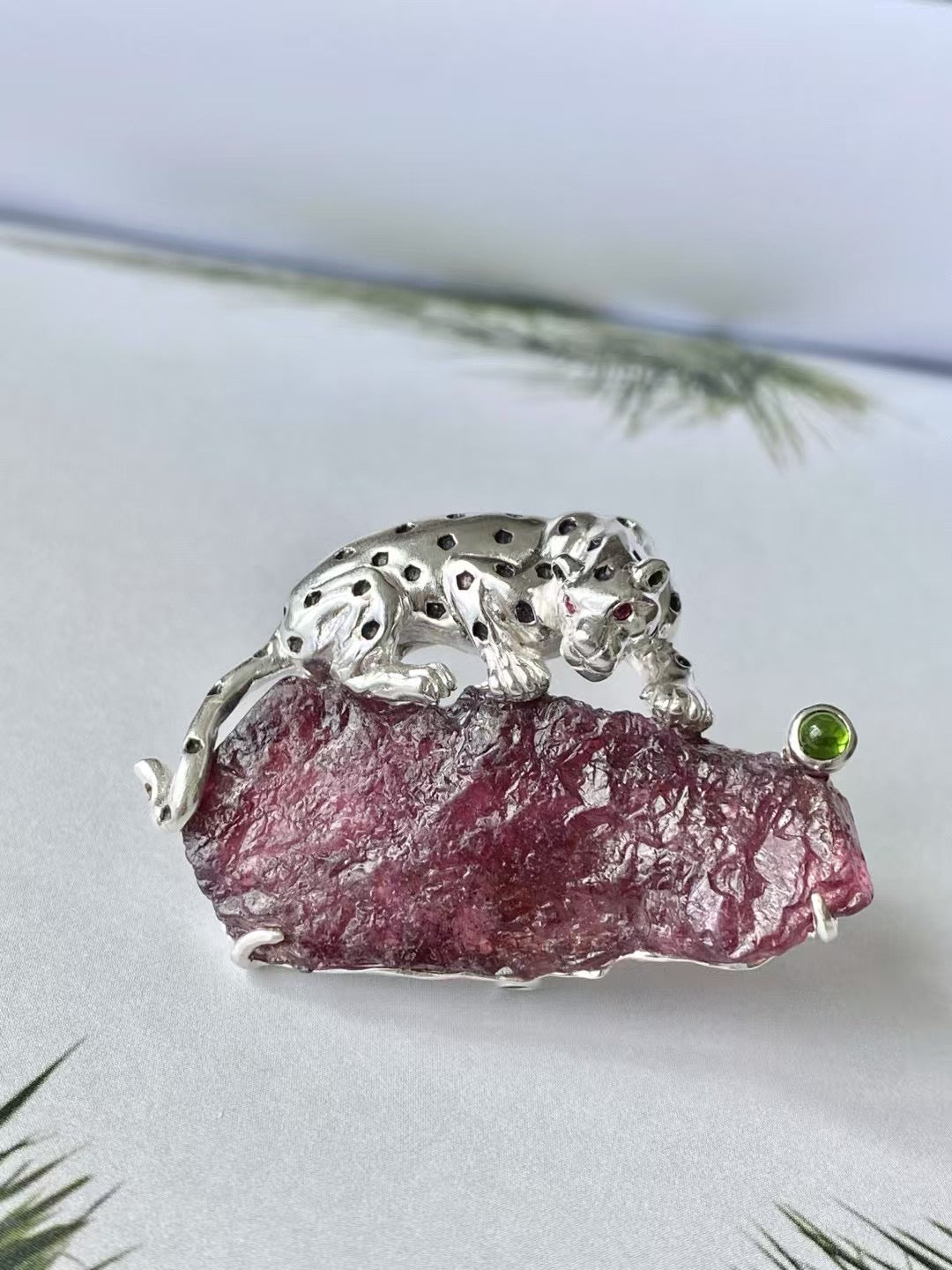 S925 Silver Natural Turquoise Mozambique Ruby Leopard Brooch, Pendant.a one-of-a-kind piece in the world