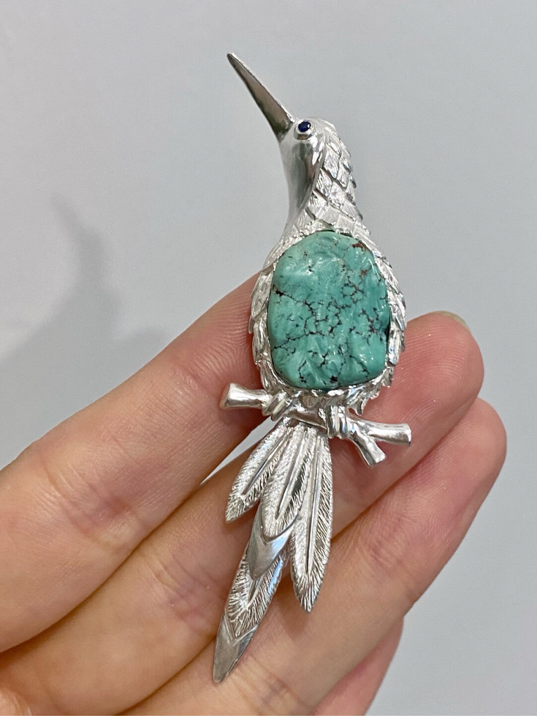 S925 Silver Natural Turquoise Sri Lankan Sapphire Bird Brooch, Pendant