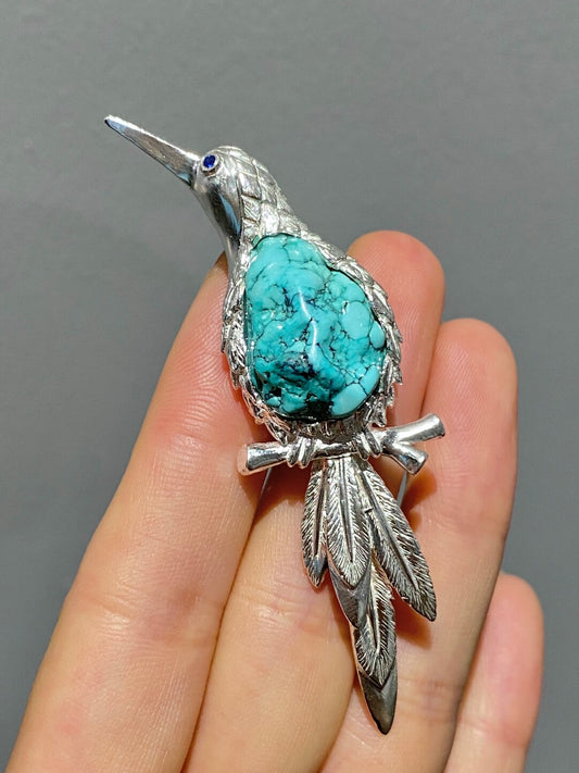 S925 Silver Natural Turquoise Sri Lankan Sapphire Bird Brooch, Pendant