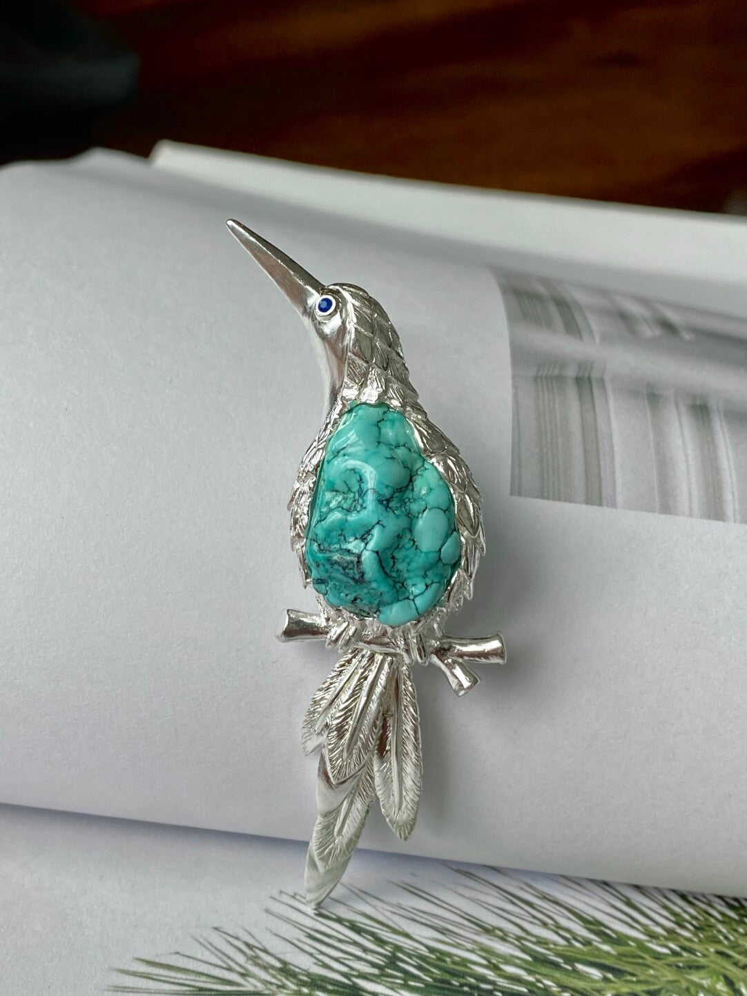 S925 Silver Natural Turquoise Sri Lankan Sapphire Bird Brooch, Pendant