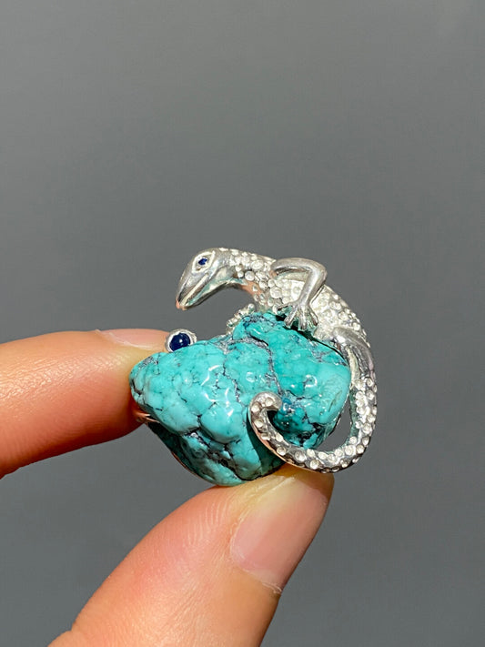 S925 Silver Natural Turquoise Sri Lankan Sapphire Chameleon Brooch, Pendant.one-of-a-kind piece in the world