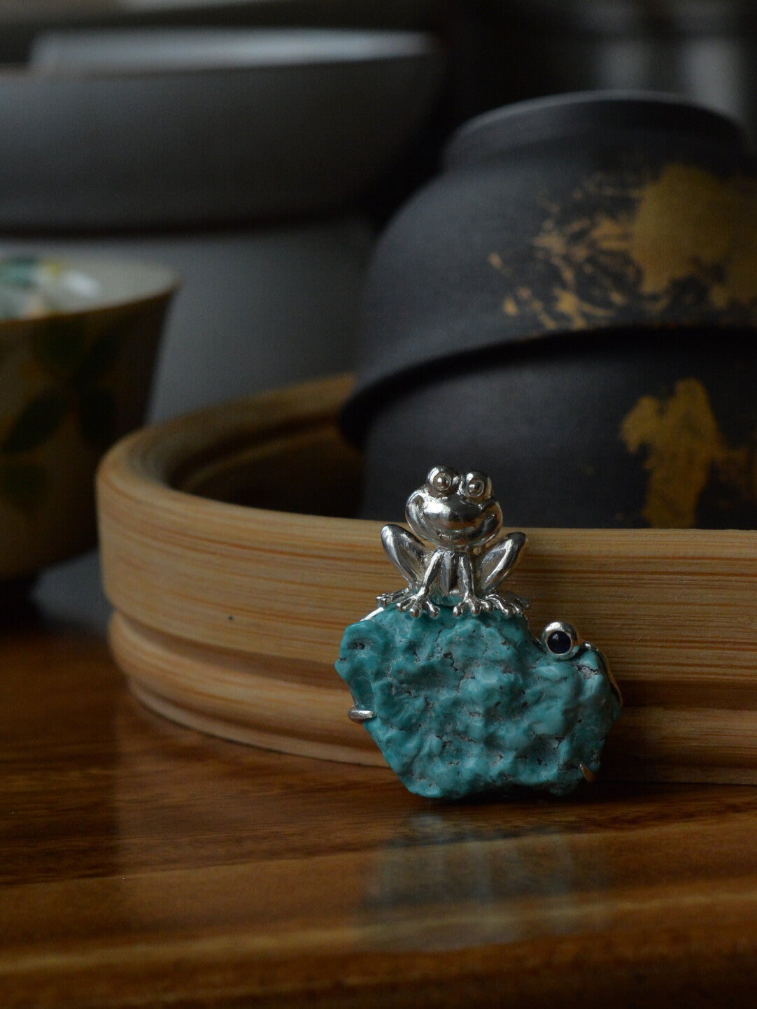 S925 Silver Natural Turquoise Sri Lankan Sapphire Frog Brooch, Pendant.a one-of-a-kind piece in the world