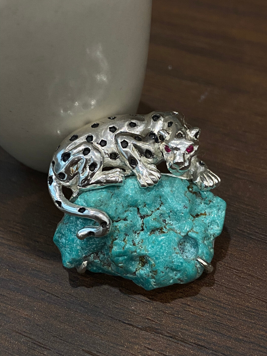 S925 Silver Natural Turquoise Mozambique Ruby Leopard Brooch, Pendant.a one-of-a-kind piece in the world