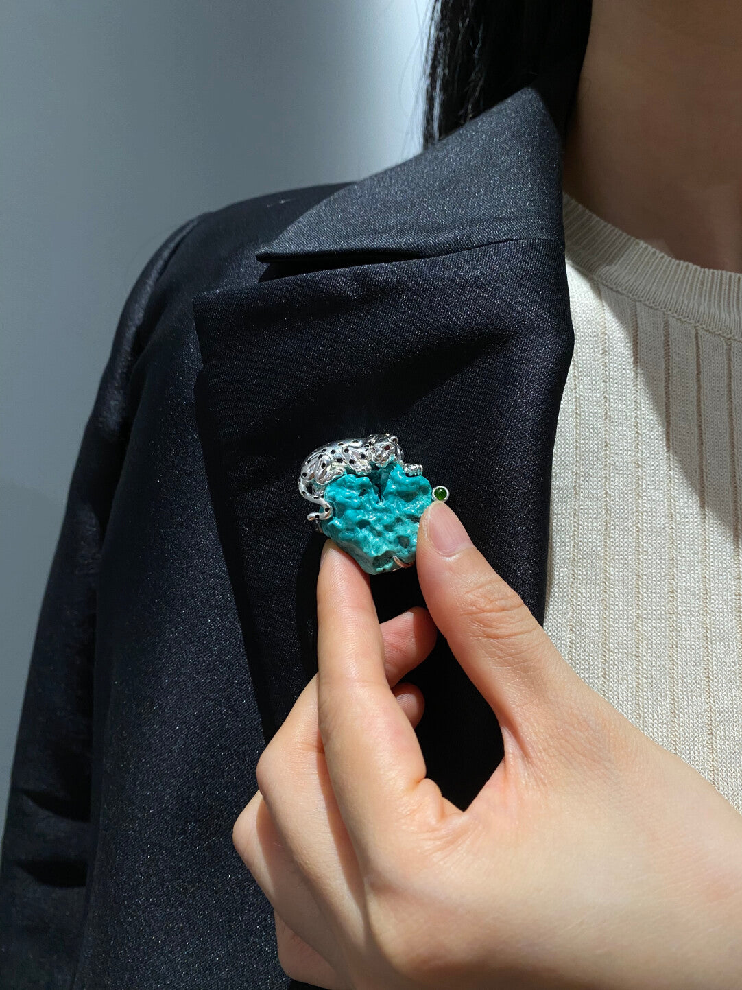 S925 Silver Natural Turquoise Mozambique Ruby Leopard Brooch, Pendant.a one-of-a-kind piece in the world