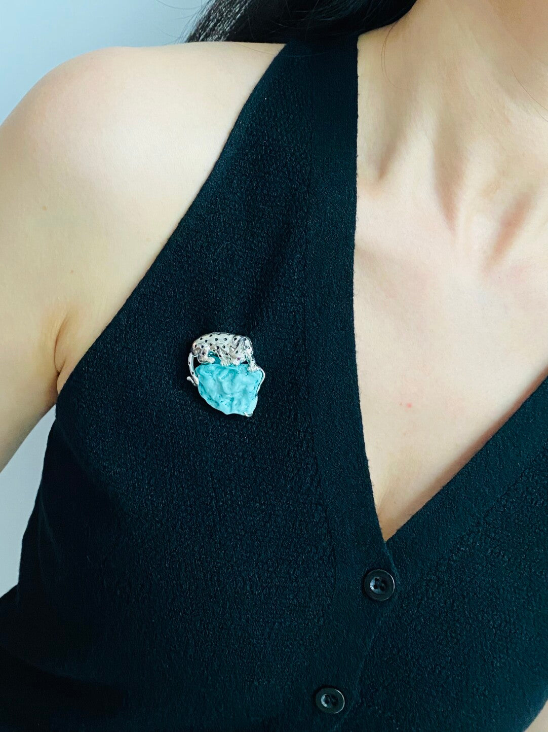 S925 Silver Natural Turquoise Mozambique Ruby Leopard Brooch, Pendant.a one-of-a-kind piece in the world