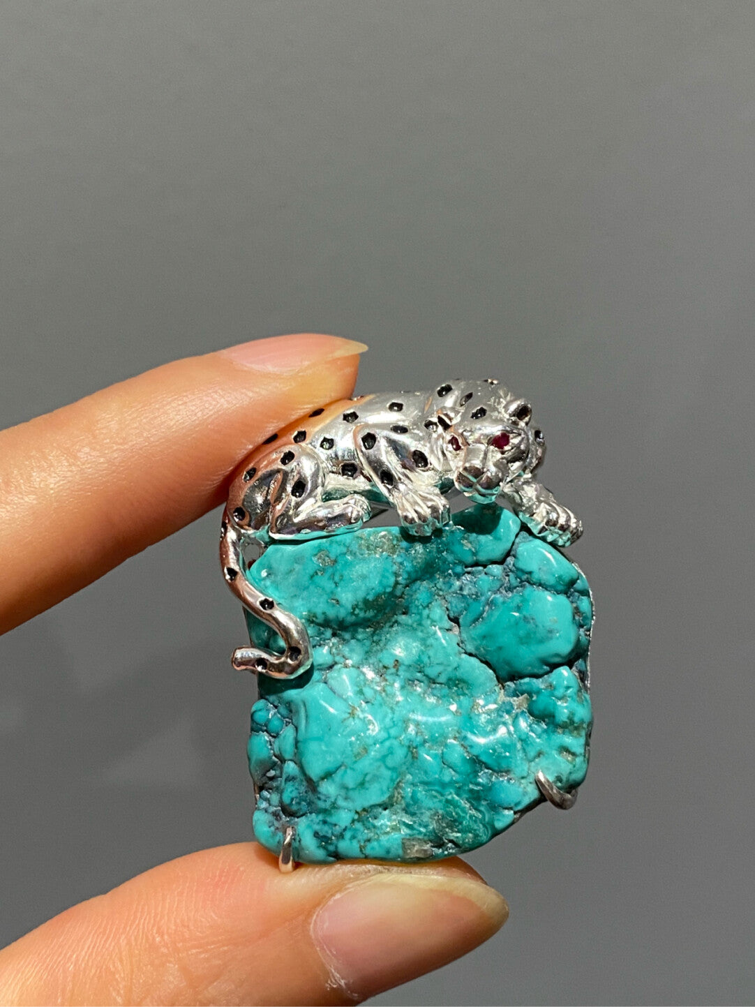 S925 Silver Natural Turquoise Mozambique Ruby Leopard Brooch, Pendant.a one-of-a-kind piece in the world
