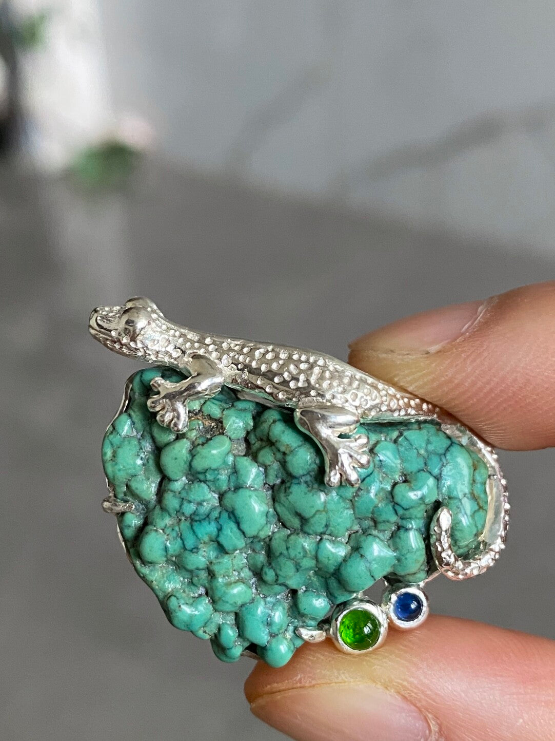 S925 Silver Natural Turquoise Sri Lankan Sapphire Lizard Brooch, Pendant.a one-of-a-kind piece in the world