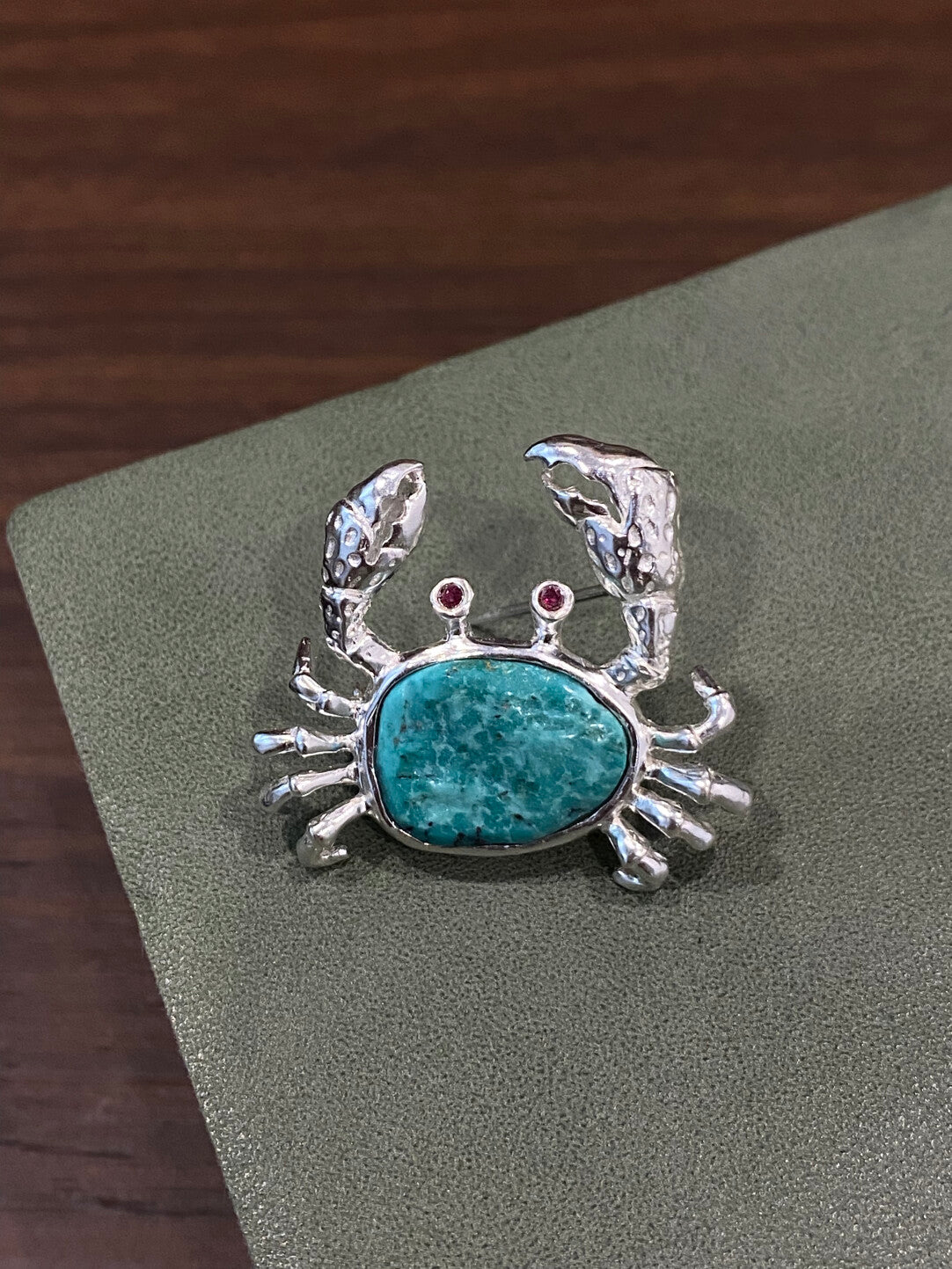 Sterling Silver Natural Turquoise Mozambique Ruby/Sri Lankan Sapphire Crab Brooch, Pendant（one of a kind piece in the world）
