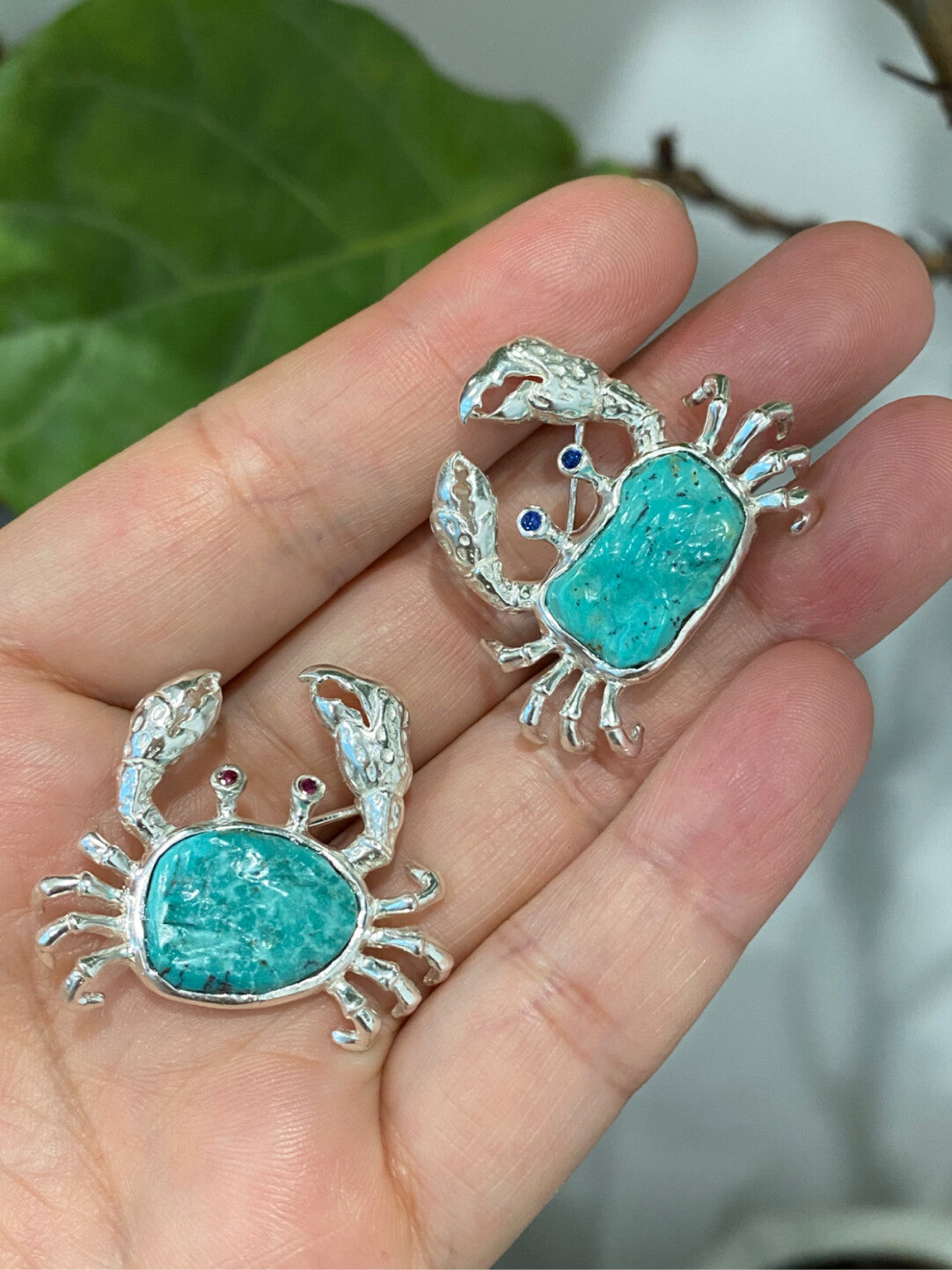 Sterling Silver Natural Turquoise Mozambique Ruby/Sri Lankan Sapphire Crab Brooch, Pendant（one of a kind piece in the world）