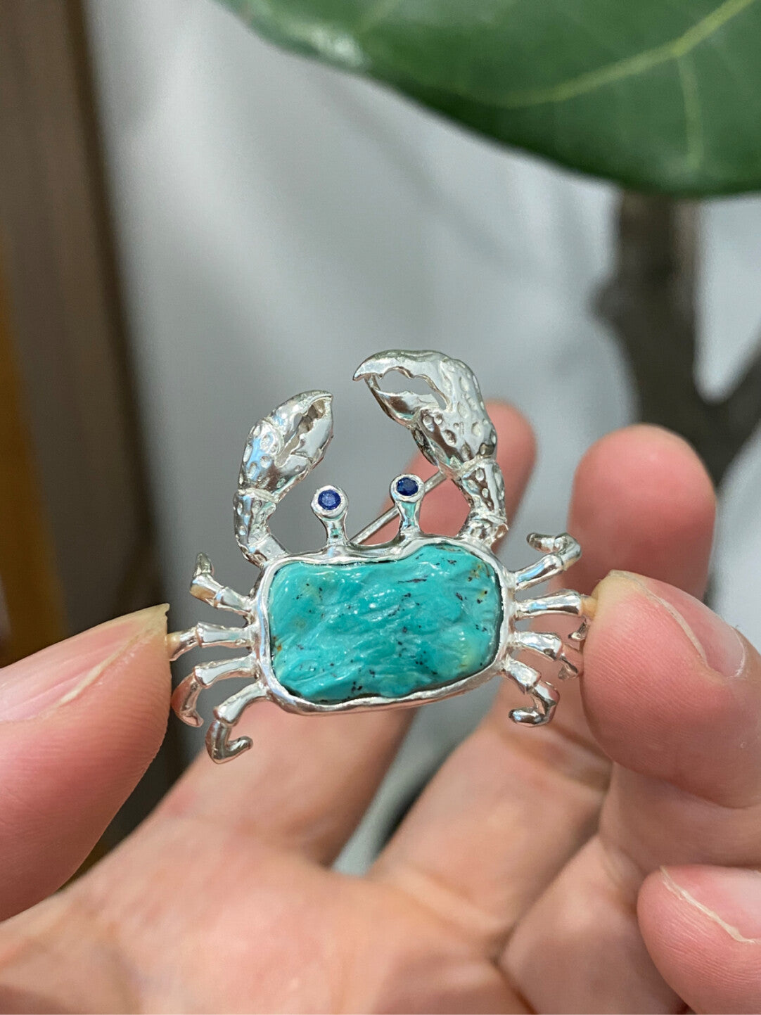Sterling Silver Natural Turquoise Mozambique Ruby/Sri Lankan Sapphire Crab Brooch, Pendant（one of a kind piece in the world）