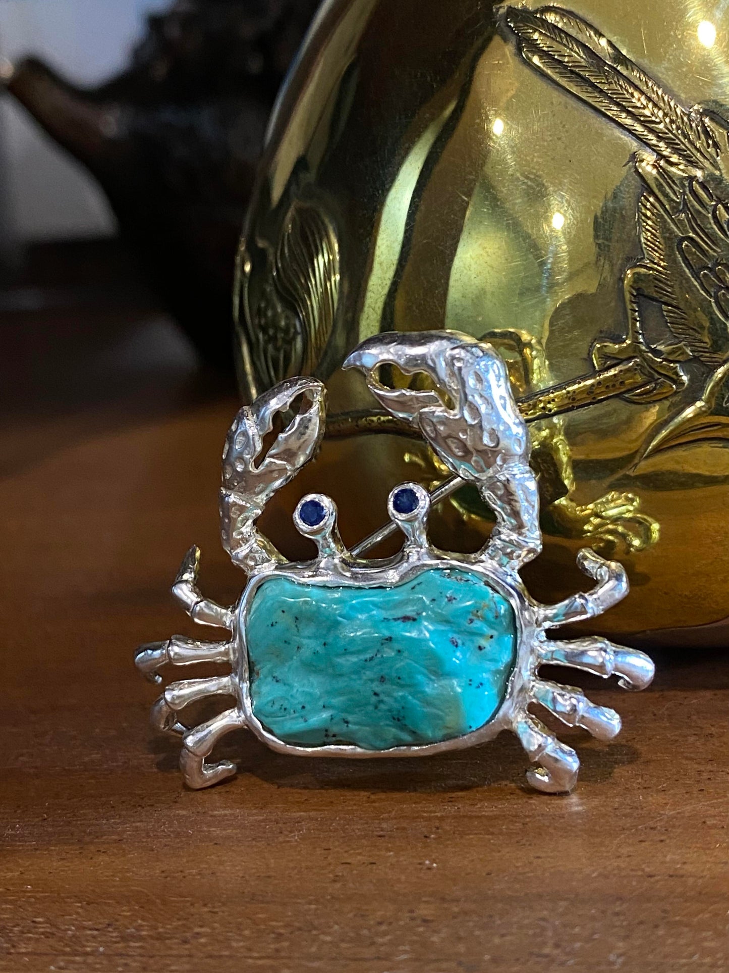 Sterling Silver Natural Turquoise Mozambique Ruby/Sri Lankan Sapphire Crab Brooch, Pendant（one of a kind piece in the world）
