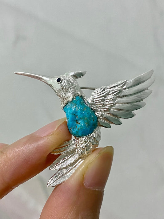 Sterling Silver Natural Turquoise Sri Lankan Sapphire Hummingbird Brooch, Pendant（one of a kind piece in the world）