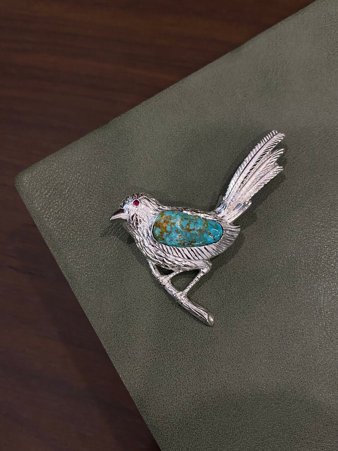 Sterling Silver Natural Turquoise Mozambique Ruby Magpie Brooch, Pendant（one of a kind piece in the world）