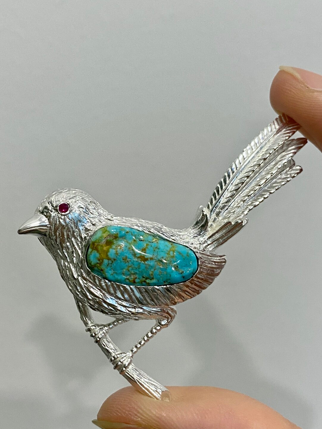 Sterling Silver Natural Turquoise Mozambique Ruby Magpie Brooch, Pendant（one of a kind piece in the world）