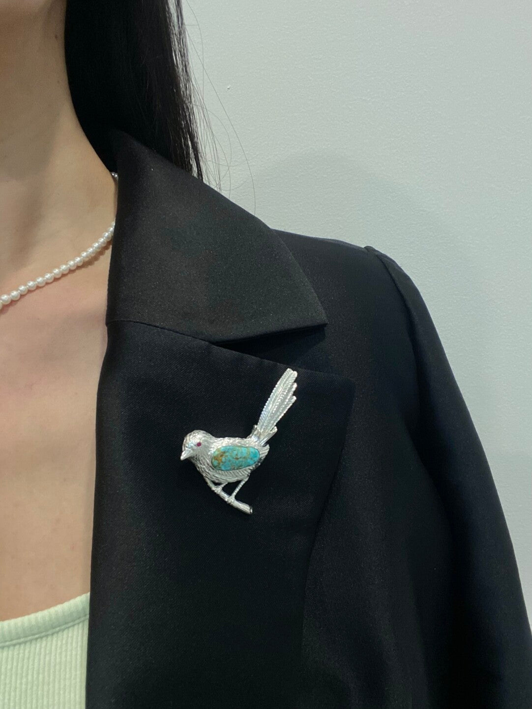 Sterling Silver Natural Turquoise Mozambique Ruby Magpie Brooch, Pendant（one of a kind piece in the world）