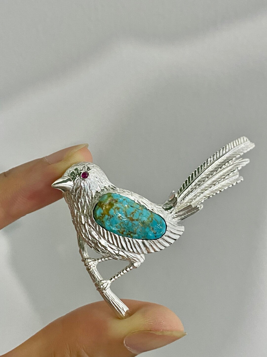 Sterling Silver Natural Turquoise Mozambique Ruby Magpie Brooch, Pendant（one of a kind piece in the world）