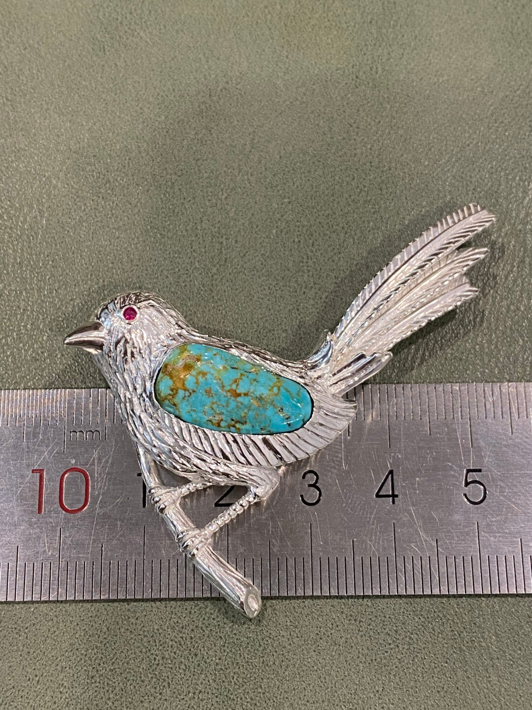 Sterling Silver Natural Turquoise Mozambique Ruby Magpie Brooch, Pendant（one of a kind piece in the world）