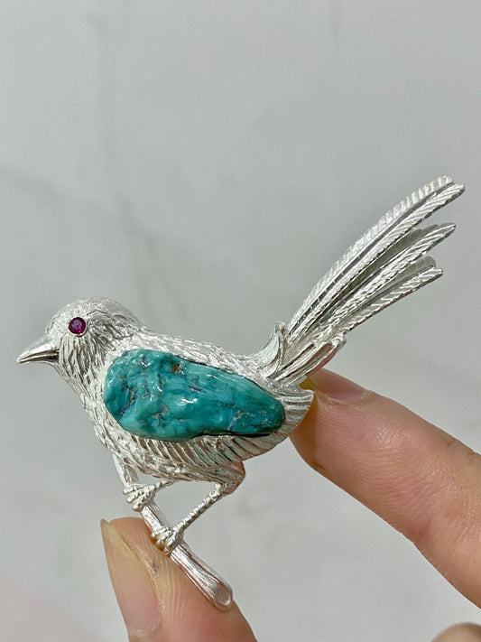 Sterling Silver Natural Turquoise Mozambique Ruby Magpie Brooch, Pendant（one of a kind piece in the world）