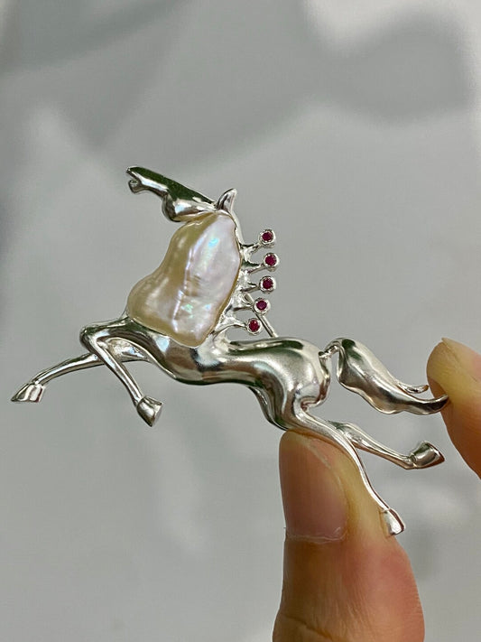 Sterling Silver White Freshwater Baroque Pearl Mozambique Ruby Horse Brooch, Pendant（one of a kind piece in the world）
