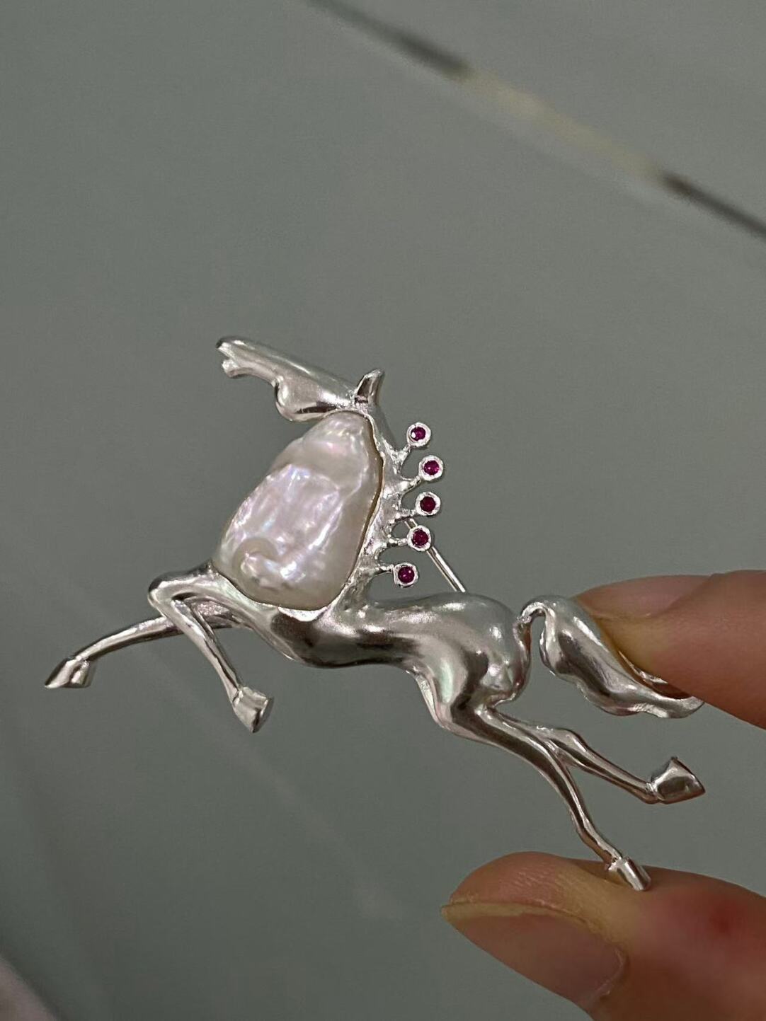 Sterling Silver White Freshwater Baroque Pearl Mozambique Ruby Horse Brooch, Pendant（one of a kind piece in the world）
