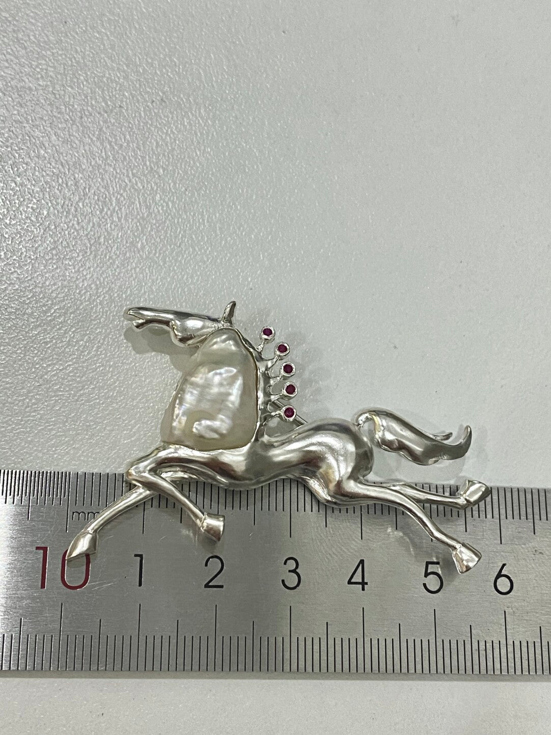 Sterling Silver White Freshwater Baroque Pearl Mozambique Ruby Horse Brooch, Pendant（one of a kind piece in the world）