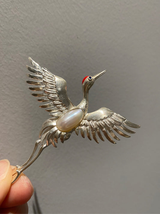 Sterling Silver White Freshwater Baroque Pearl Sri Lanka Sapphire Crane Brooch, Pendant（one of a kind piece in the world）