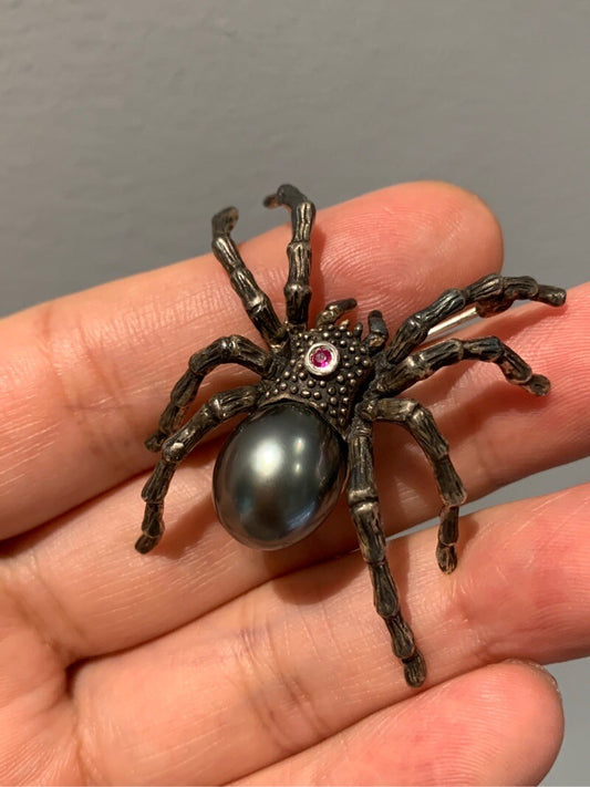 Sterling Silver Black Seawater Pearl Spider Brooch, Pendant（one of a kind piece in the world）
